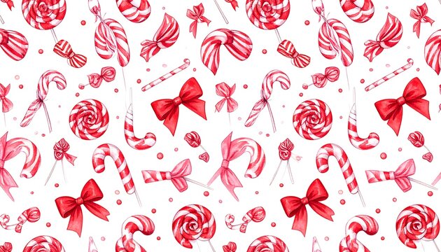 Sweet red and white candy and bow pattern on white