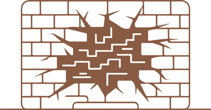 Brown cracked brick wall texture with broken plaster and crumbling masonry  damaged building facade with fractured surface