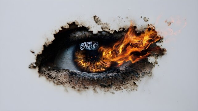 Surreal Cinematic Macro of a Human Eye Peering Through a Burnt Hole in Paper with Realistic Flames and Embers Isolated on a White Background