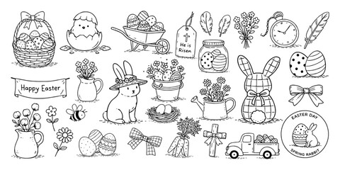 イースターのモチーフを集めた手描き風ペン画アイコンセット（ウサギ・卵・花・春の飾り）、Hand Drawn Easter Icon Set with Rabbit, Eggs, Flowers and Spring Decorations  © MEG-MEG