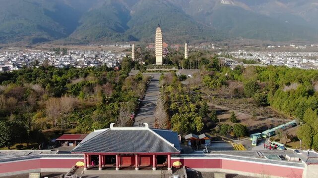 Three Pagodas Temple Dali Aerial View with Mountain Landscape