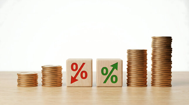 Coin stacks and percentage blocks signify financial growth and interest rates