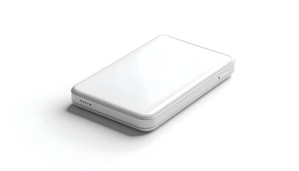 A glossy white rectangular device, slightly angled, with rounded edges, cast shadow