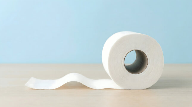 Single roll of toilet paper with a piece unrolled on a wooden surface, blue background