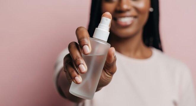 Spray bottle held woman applying skin care routine minimalist