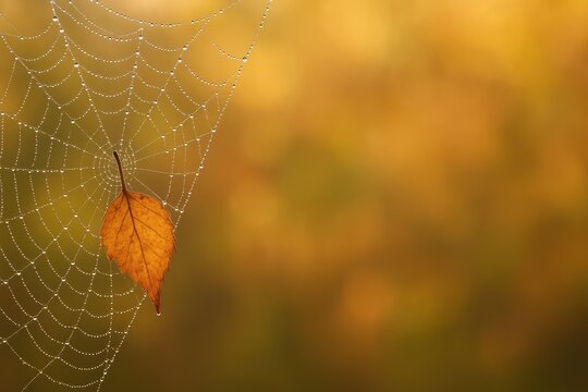 Leaf caught on spider web with water droplets in autumn light