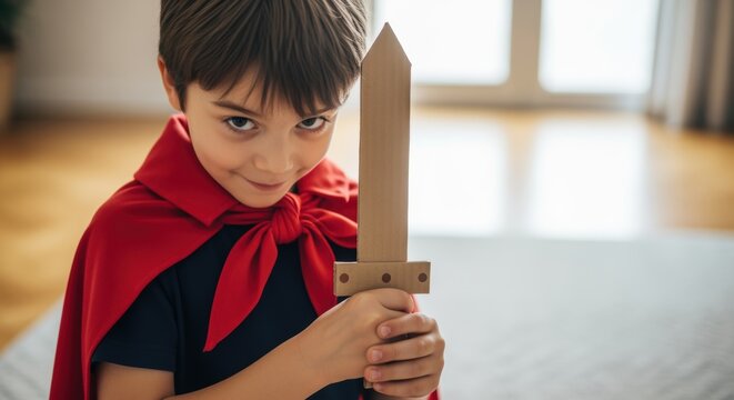 Boy holding wooden sword wearing red cape playing indoors with focused expression