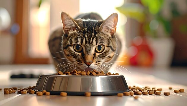 Tabby cat intently eats kibble from a bowl on a shiny floor, bathed in sunlight with blurred plants in background