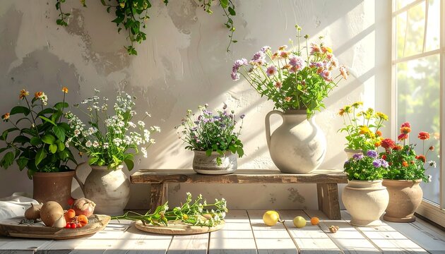 Sunlight streams onto wildflowers in rustic pots on a weathered shelf, set against a textured, vintage wall