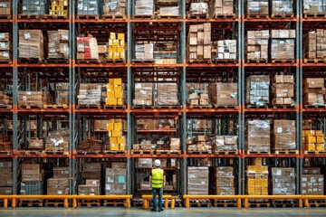 Obraz premium Worker in Warehouse Observing Rows of Shelves with Boxes