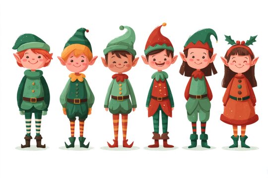Group of cute christmas elves in festive green and red outfits, smiling. Holiday season cartoon characters for design