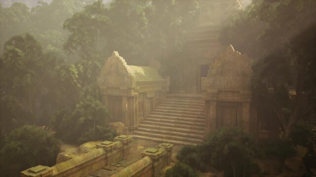 Moss covered temple steps lead inward to stone shrine, worn balustrade and carved reliefs framed by ferns and mist, sacred abandoned atmosphere ideal