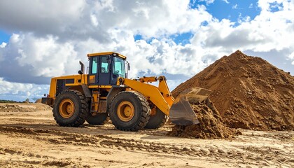 Action Shot of a Heavy Yellow Front-End Loader Excavating Earth at a Large Construction Site Under a Cloudy Sky