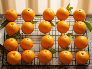 Fresh citrus fruits neatly arranged on the countertop