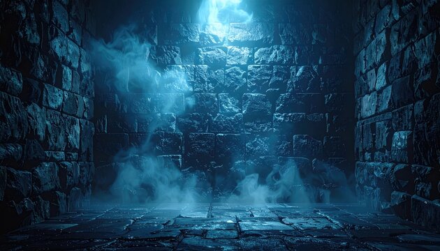 Mysterious glowing portal entrance in ancient stone ruins with ethereal blue fog.