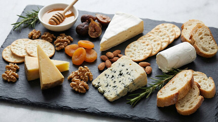 Fototapeta premium Artisan Cheese Board Gourmet Food Arrangement. Elegant artisan cheese board with variety of cheeses dried fruits nuts and crackers on dark slate surface