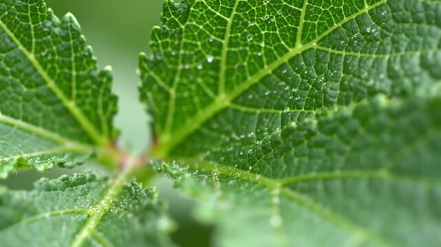 Close up of green leaf veins with water droplets macro photography.