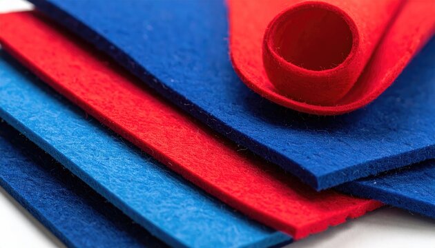 Stack of vibrant red and blue textured material sheets for crafts and design.