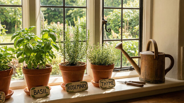 Fresh Herb Garden Basil Rosemary Thyme Pots. Charming fresh herb garden with potted basil rosemary and thyme plants on sunny kitchen windowsill