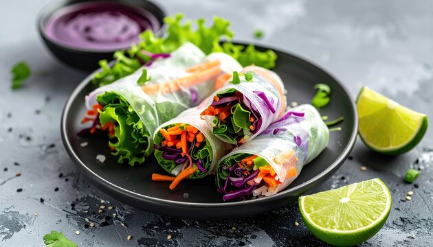 Fresh Vietnamese Spring Rolls with Colorful Vegetables and Dipping Sauce.