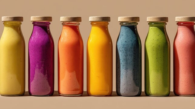 Row of colorful fruit smoothies in glass bottles