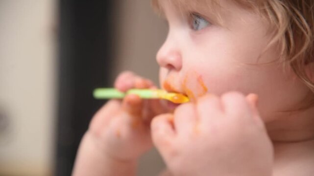  Tender portrait of cute 14-month-old toddler eating vegetable puree with spoon.