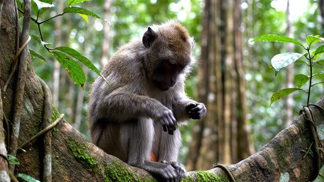 Macaque Monkey Sitting on a Tree Branch in a Lush Forest Environment.