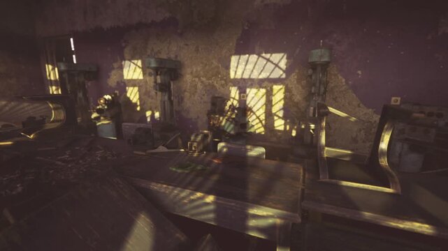 Sunlit empty sewing hall strewn with rows of idle machines, dust laden tables, window grid shadows, nostalgic decay, muted palette, abandoned craft atmosphere