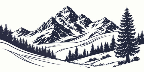 Fototapeta premium Alpine Mountain Ridge Silhouette Flat Vector Landscape