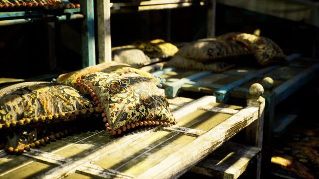 Empty market bench with stacked cushions, Gold Souk market quiet corner showing inviting pillows on wooden daybed, soft sunlight, long shadows and lull of slow