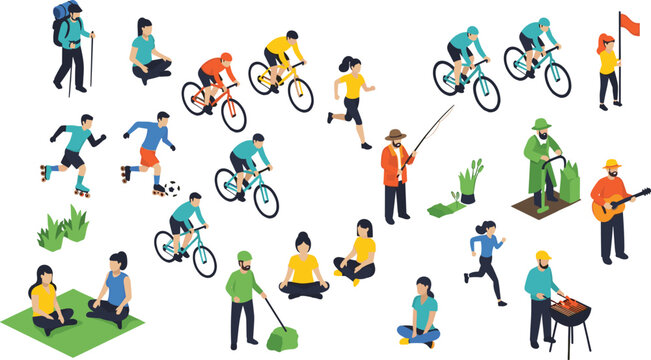 Isometric people set performing outdoor activities like cycling, jogging, hiking, fishing, barbecue, yoga, rollerskating, and playing guitar for summer recreation.