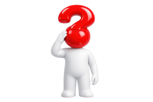 3D render white figure with shiny red question mark head scratching, problem solving, uncertainty, doubt, isolated on white