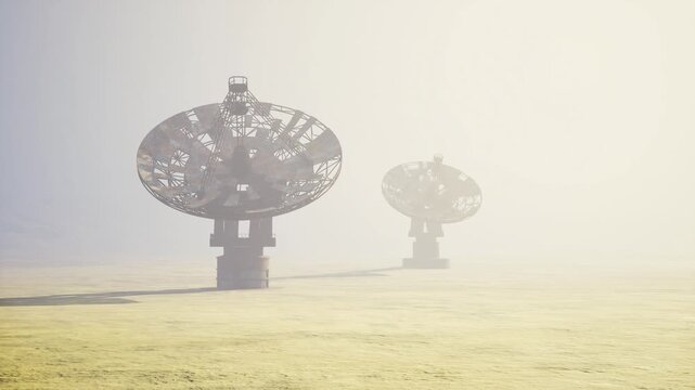 Paired satellite dishes in dense fog with soft diffuse backlight, geometric silhouettes and industrial bases evoking earlywarning systems and signal hunting.