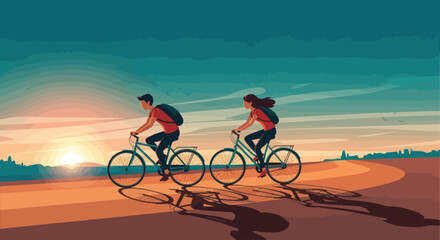 Fototapeta premium Two Cyclists Riding Bikes at Sunset.