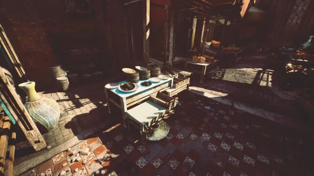 Sunlit ceramic table with stacked plates and bowls on patterned floor, bright highlights and deep shadows emphasize glaze texture and handcrafted shapes, scene
