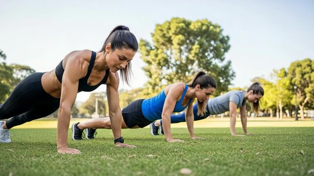 Sequence of three athletic women doing push-ups together in a park. Group fitness class exercising outdoors for strength training and a healthy active lifestyle