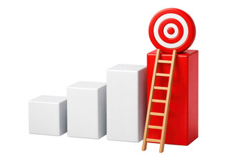 3D render of a red target on a tall red bar graph column with a wooden ladder, next to shorter white columns, isolated on white