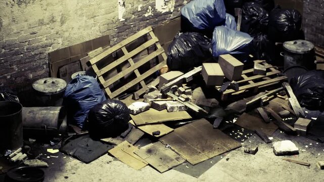 In a dimly lit corner of an abandoned warehouse, overflowing trash bags mingle with scattered debris and discarded pallets, capturing the essence of urban decay and forgotten stories.