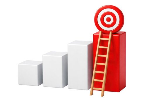 3D render of a red target on a tall red bar graph column with a wooden ladder, next to shorter white columns, isolated on white