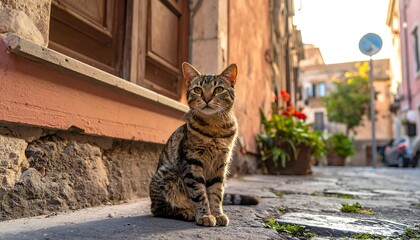 Tabby cat sits alertly on a quaint cobblestone street framed by old buildings in warm light