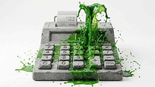 Solid concrete calculator exploding with bright green liquid splash on white background