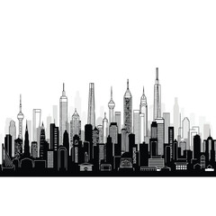 Fototapeta premium Modern city skyline vector illustration with skyscrapers on white background