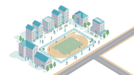 Isometric urban landscape with sports stadium, running track, and buildings © AS_StockNation