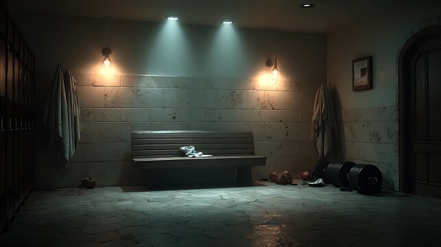 Moody empty locker room with single bench and soft overhead light images