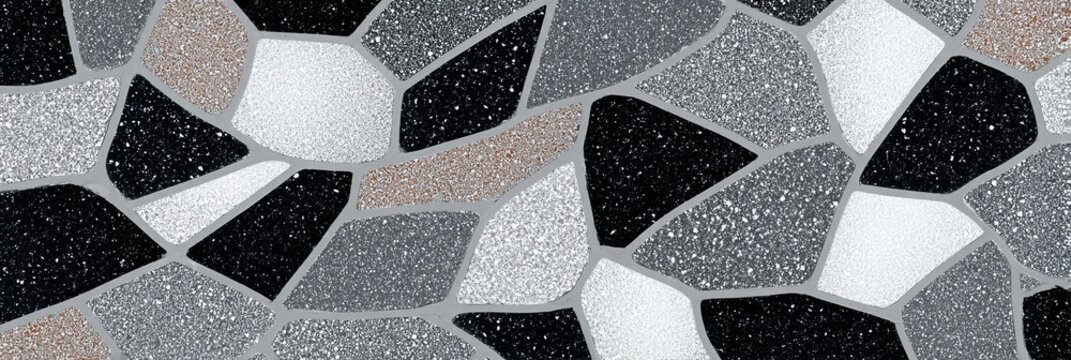 Colorful Terrazzo Texture with Random Stones and Gray Mortar Lines for Unique Background