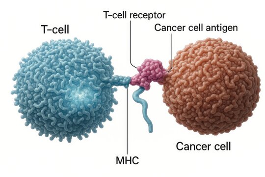 T-Cell Targeting Cancer Cell: A detailed illustration captures the intricate process of a T-cell targeting and engaging with a cancer cell.