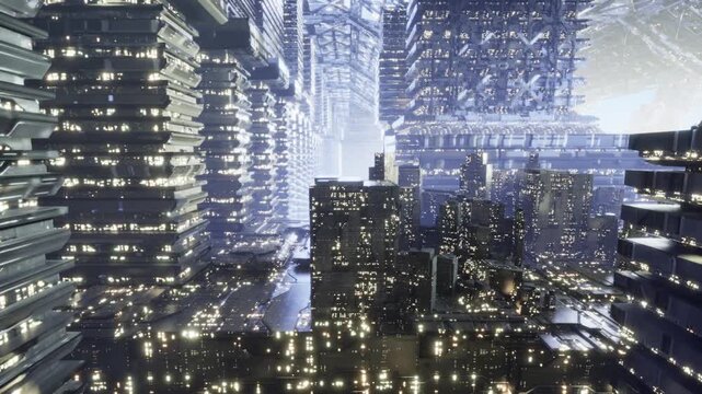 Vertical living grid of illuminated towers, stacked residences with balconies and rooftop gardens connected by elevators and shared skybridges