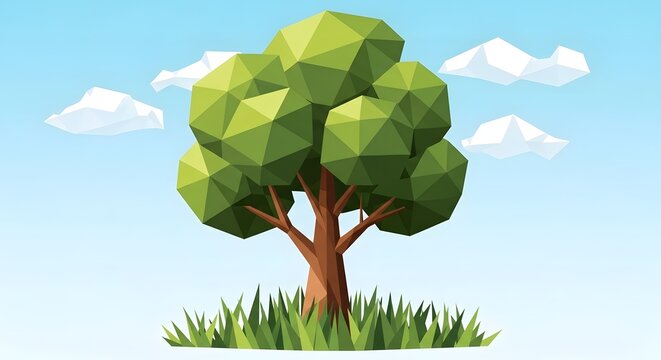 Low poly tree with green leaves on grassy hill under blue sky with fluffy white clouds.