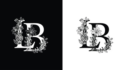 A beautiful floral design letter B on black and white backgrounds © Fezi