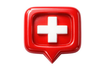 Fototapeta premium Red 3D speech bubble with white Swiss cross icon, glossy plastic texture, isolated on white